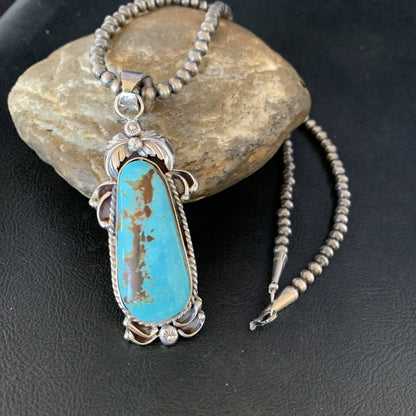 Men Blue Kingman Turquoise Pendant Navajo Pearls Sterling Silver Necklace 14204N