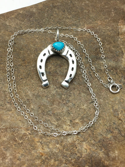 Navajo Sterling Silver Chain Blue Turquoise Naja Necklace Pendant 4466