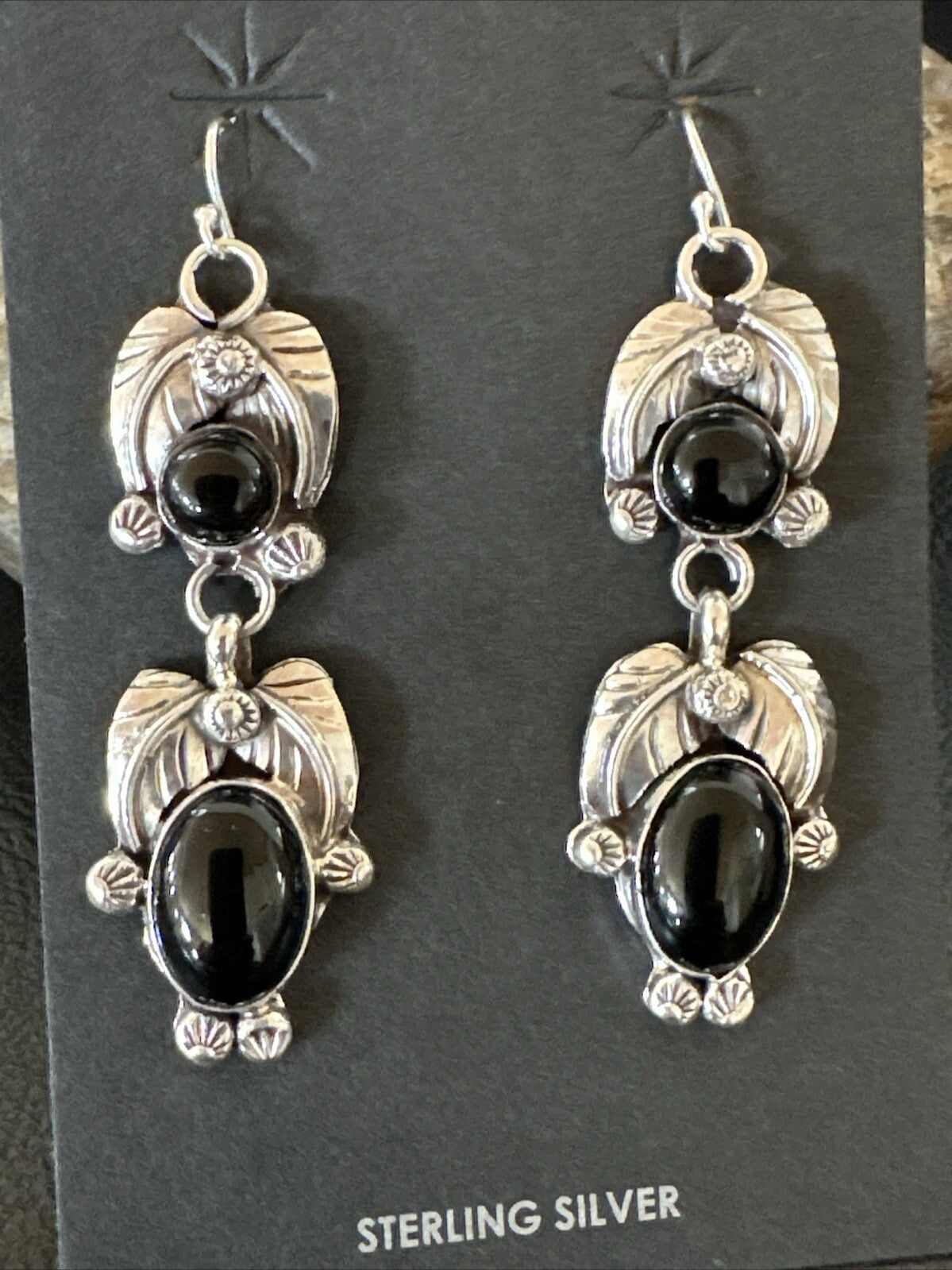 Black Onyx Navajo Sterling Silver Dangle Earrings 1.5" 18285