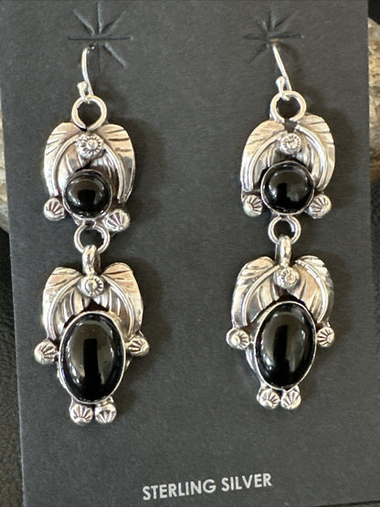 Black Onyx Navajo Sterling Silver Dangle Earrings 1.5" 18285
