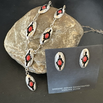 Old Native Navajo Red Coral Sterling Silver Shadowbox Necklace Earrings 18”19102