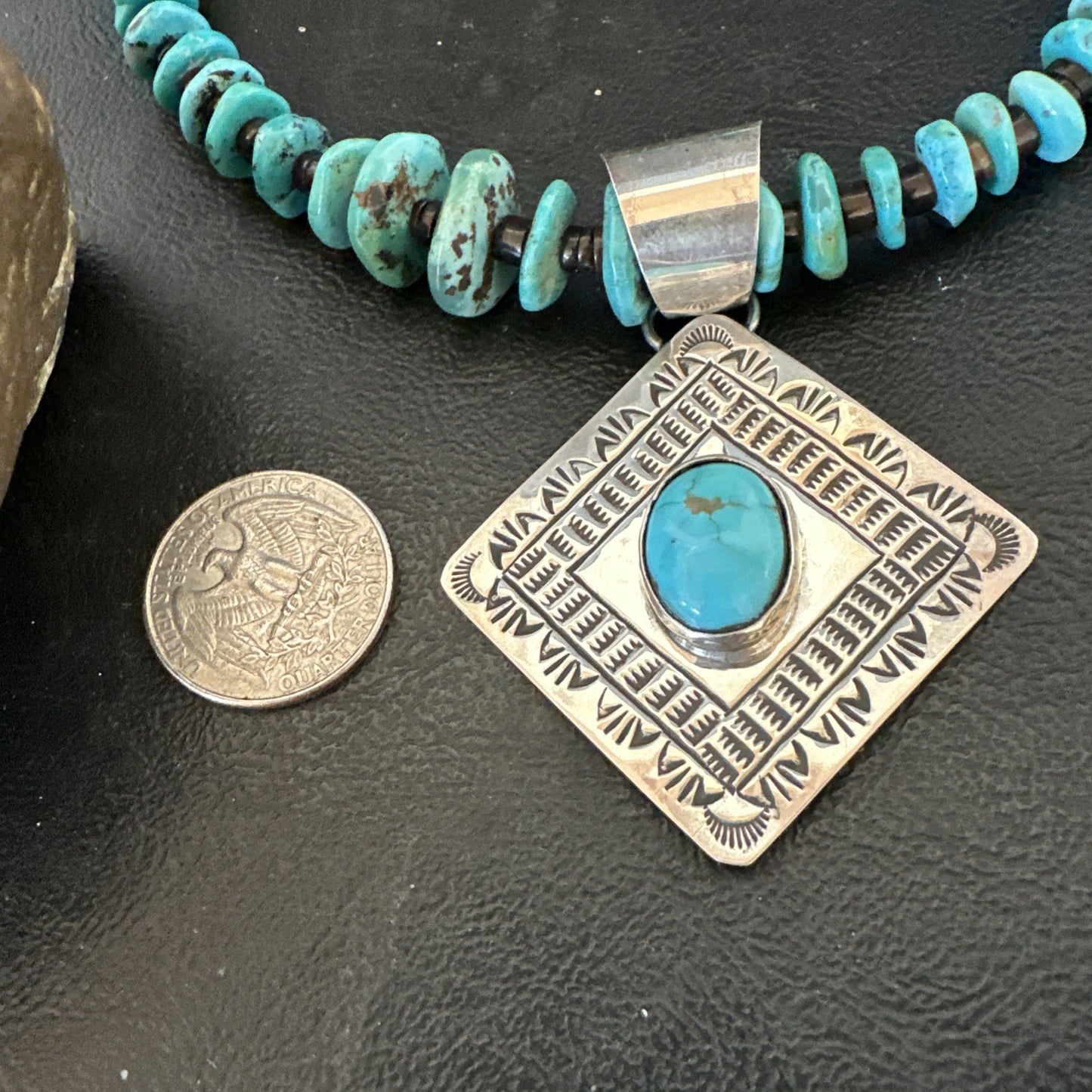 Navajo Blue Turquoise Stamped Pendant Shell Sterling Silver 29” Necklace 19704