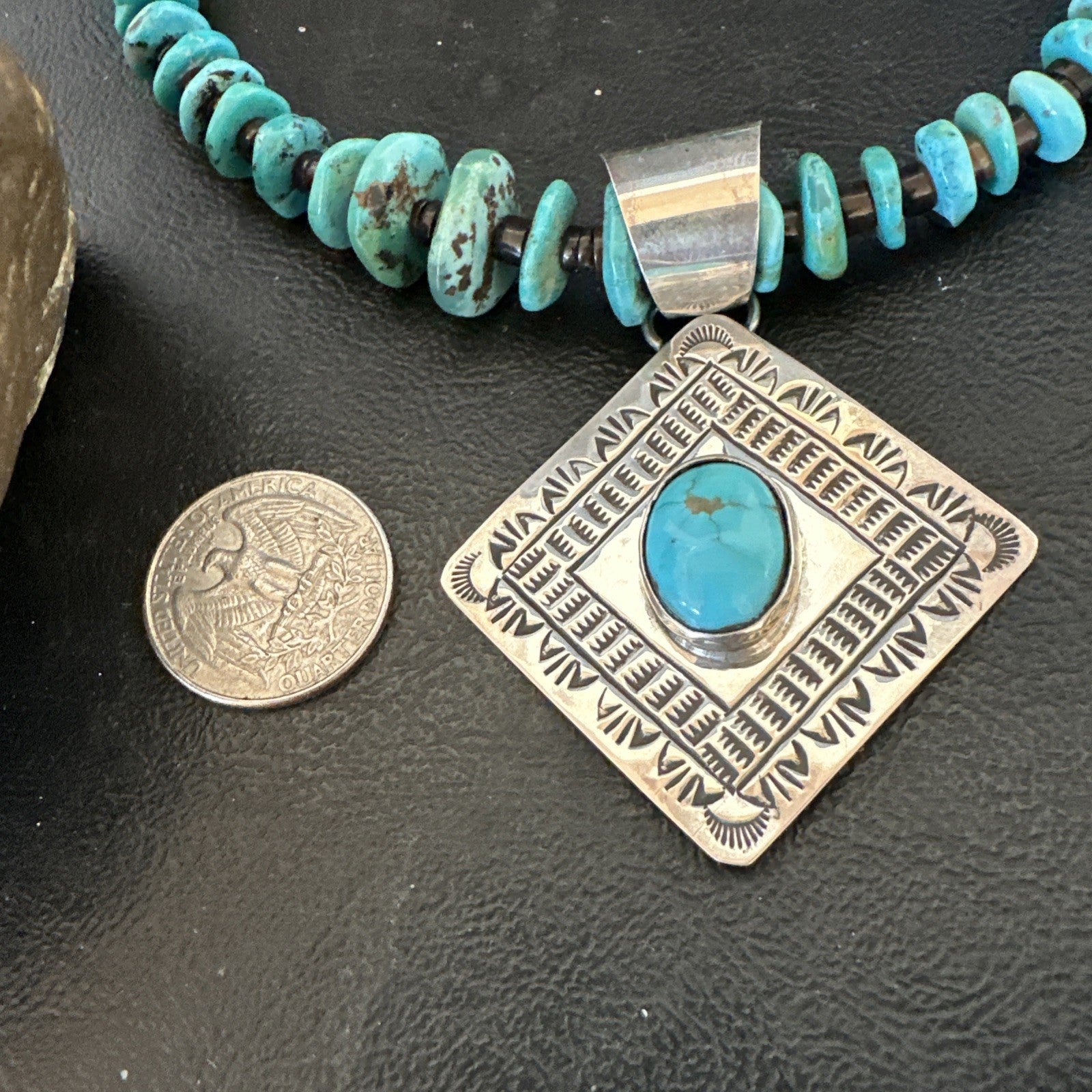 Navajo Blue Turquoise Stamped Pendant Shell Sterling Silver 29” Necklace 19704