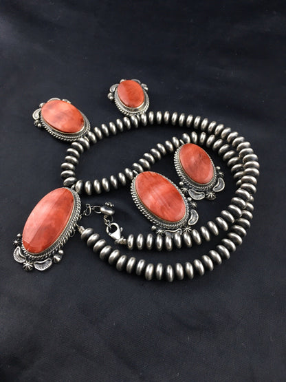 Red Spiny Oyster Pendant Navajo Sterling Silver Squash Necklace 16" 04536