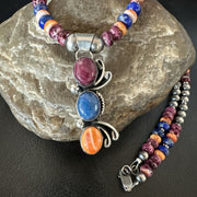 Multicolor Turquoise Spiny Navajo Cluster Pendant Necklace | Sterling Silver | Authentic Native American Handmade | 19639