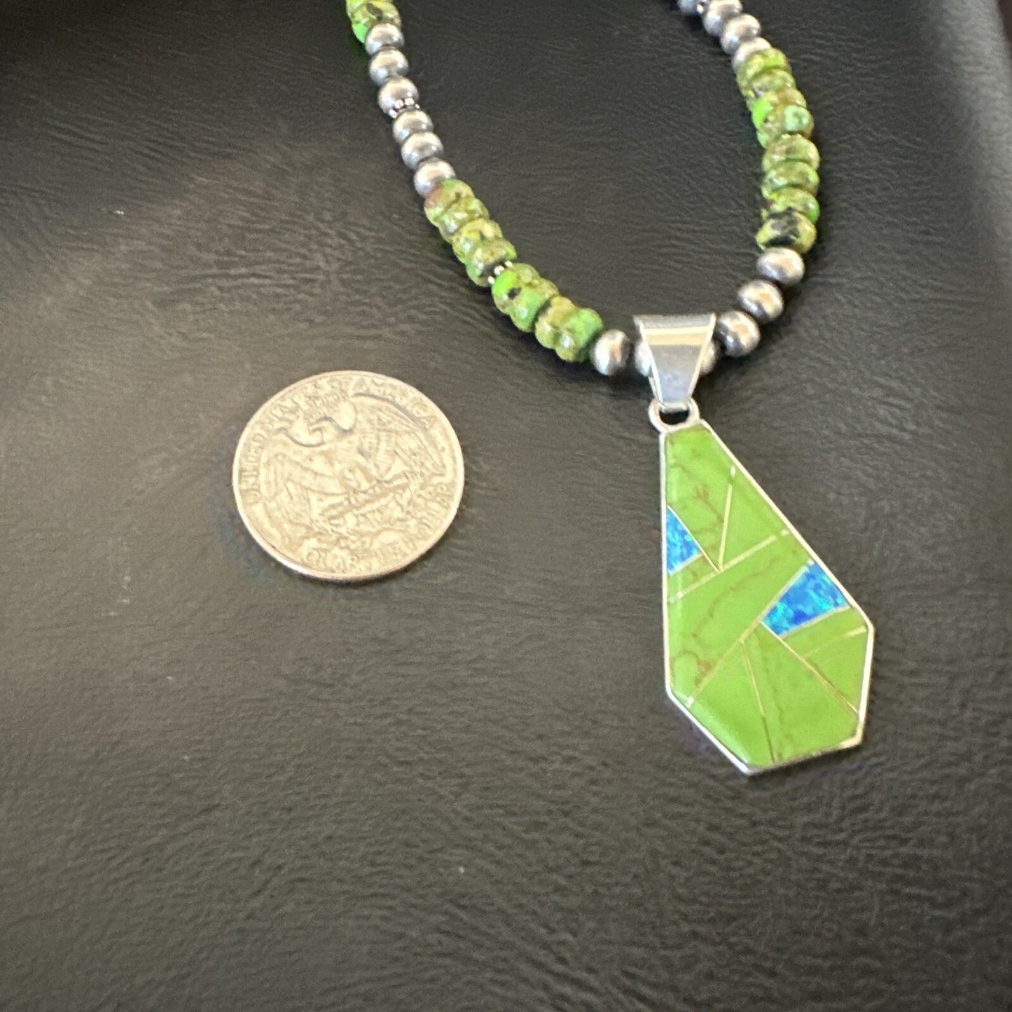 Green Gaspeite & Turquoise Pendant Navajo Pearls Sterling Silver Necklace 18179