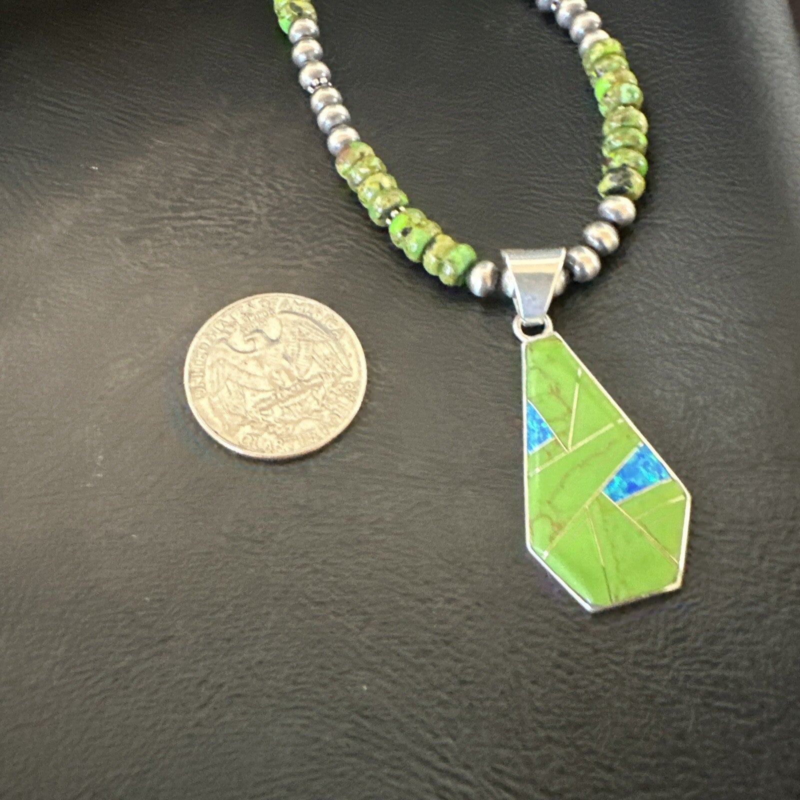 Green Gaspeite & Turquoise Pendant Navajo Pearls Sterling Silver Necklace 18179