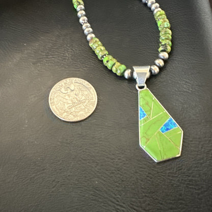 Green Gaspeite & Turquoise Pendant Navajo Pearls Sterling Silver Necklace 18179