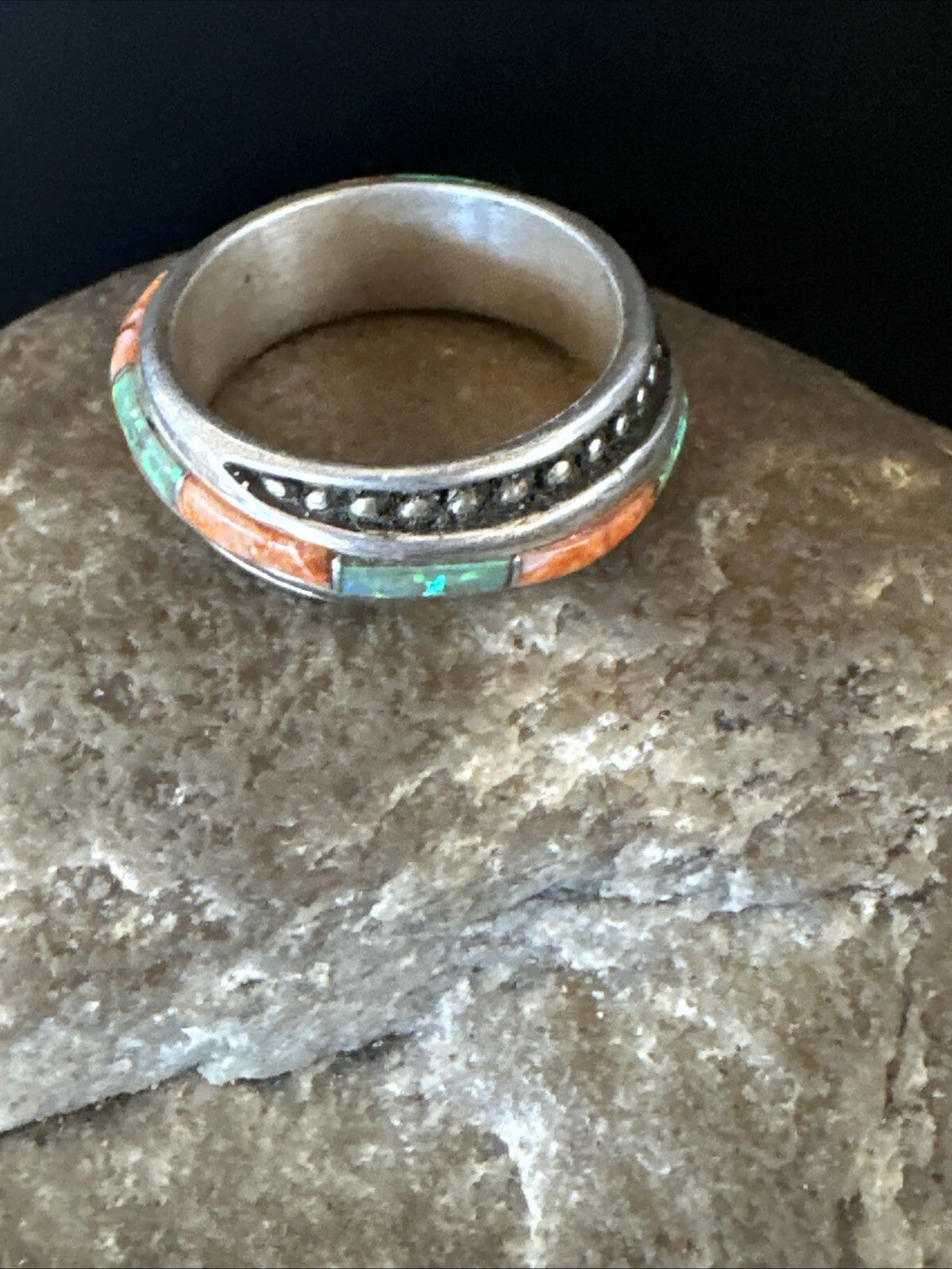 Green Opal Orange Spiny Navajo Sterling Silver Band Inlay Ring Size 9 18811