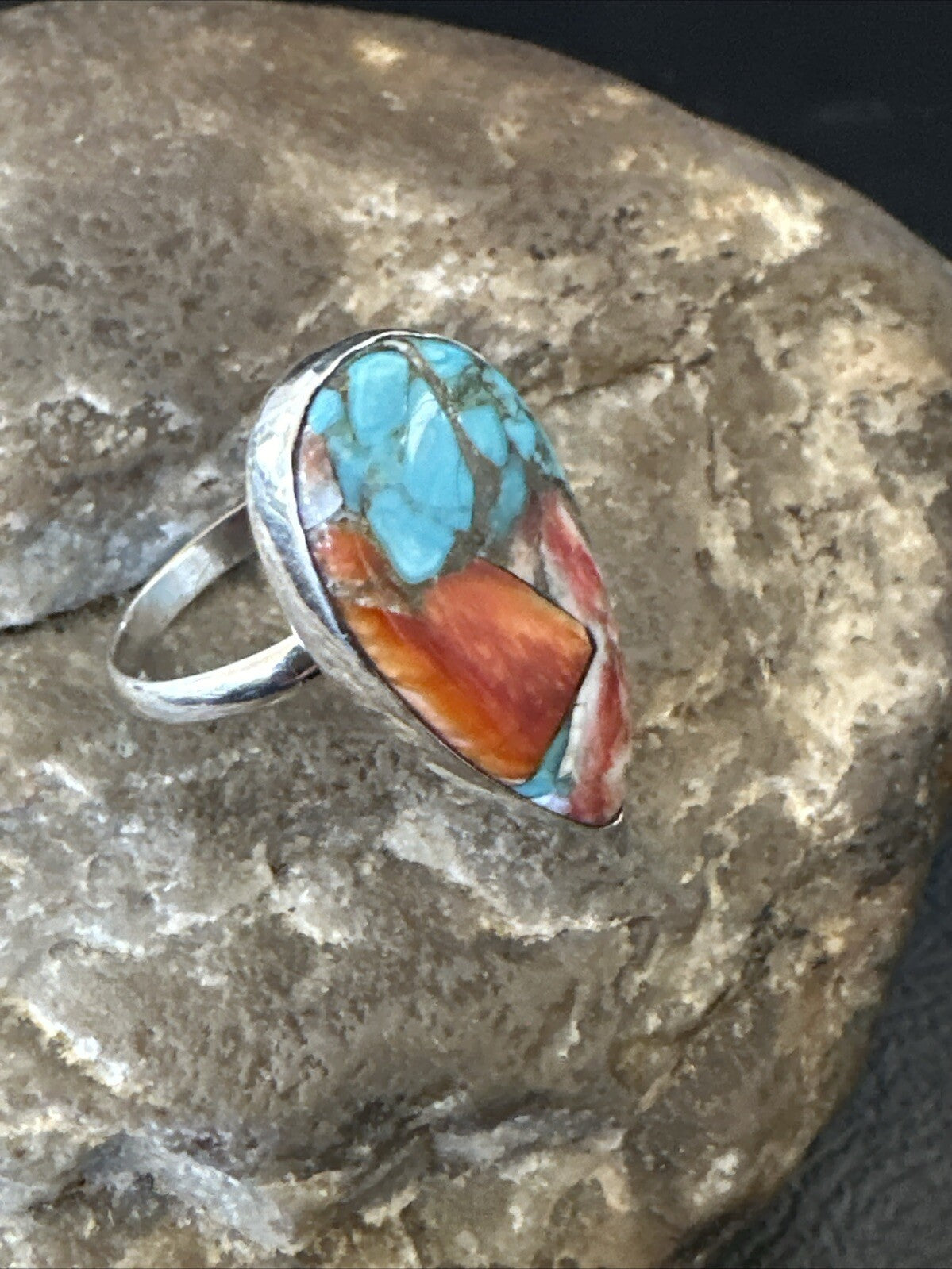 Blue Turquoise Spiny Oyster Southwestern Sterling Silver Ring Size 8 18435
