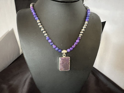 Purple Stone Turquoise Pendant Navajo Pearls Sterling Silver Necklace 18384