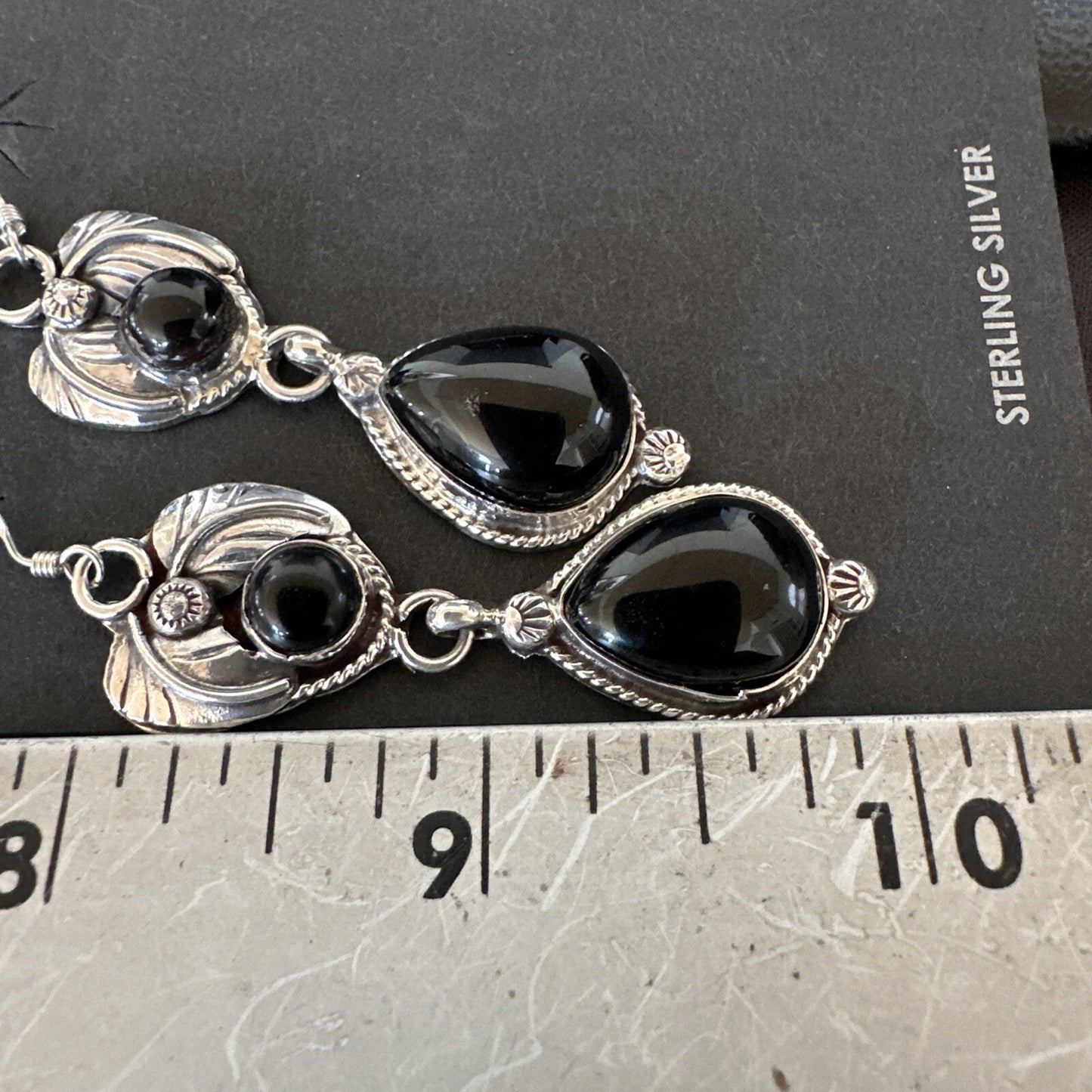 Black Onyx Navajo Sterling Silver Dangle Earrings 1.5" 18292