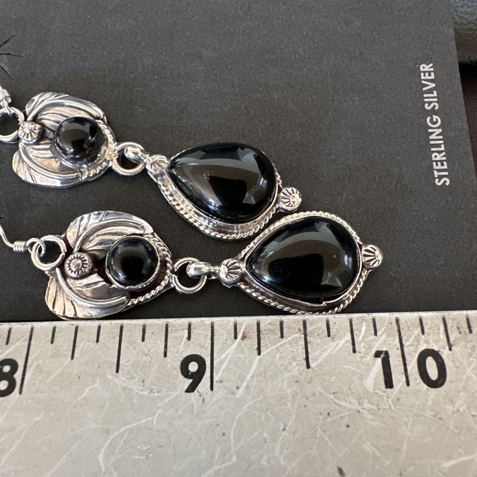 Black Onyx Navajo Sterling Silver Dangle Earrings 1.5" 18292