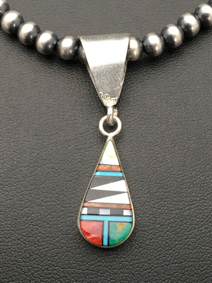 Turquoise MultiStone Inlay Pendant Sterling Silver Bead Necklace 1.75" 02705