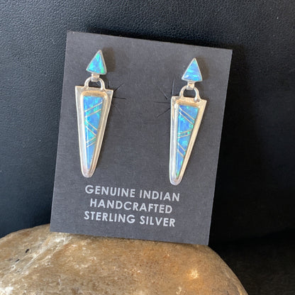 Native Womens Blue Opal Inlay Navajo Sterling Silver Dangle Earrings 12777