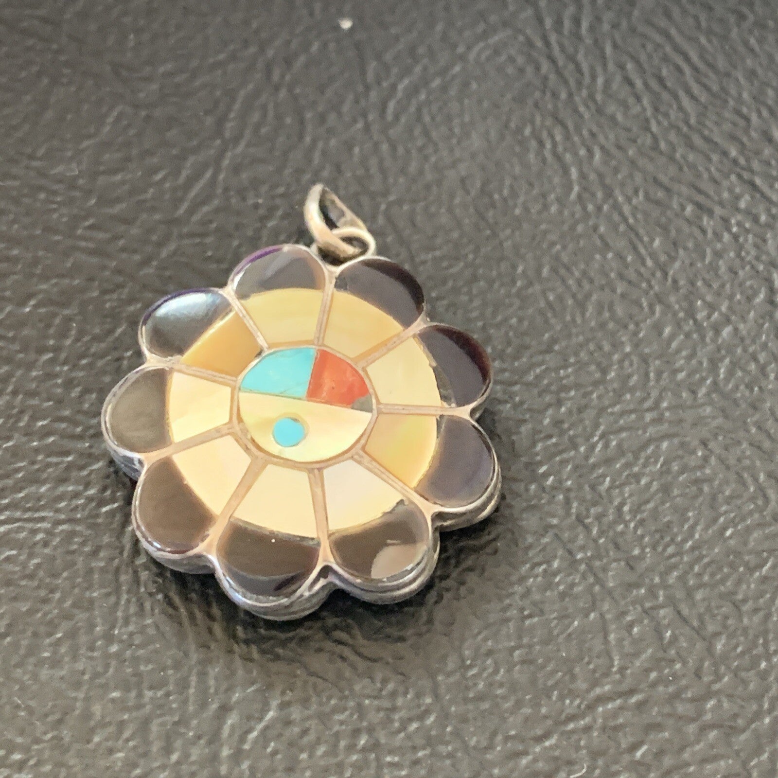 Mother Of Pearl Turquoise Spiny Inlay Zuni Sterling Silver 2 Sided Pendant 1682