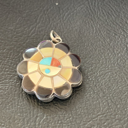 Mother Of Pearl Turquoise Spiny Inlay Zuni Sterling Silver 2 Sided Pendant 1682
