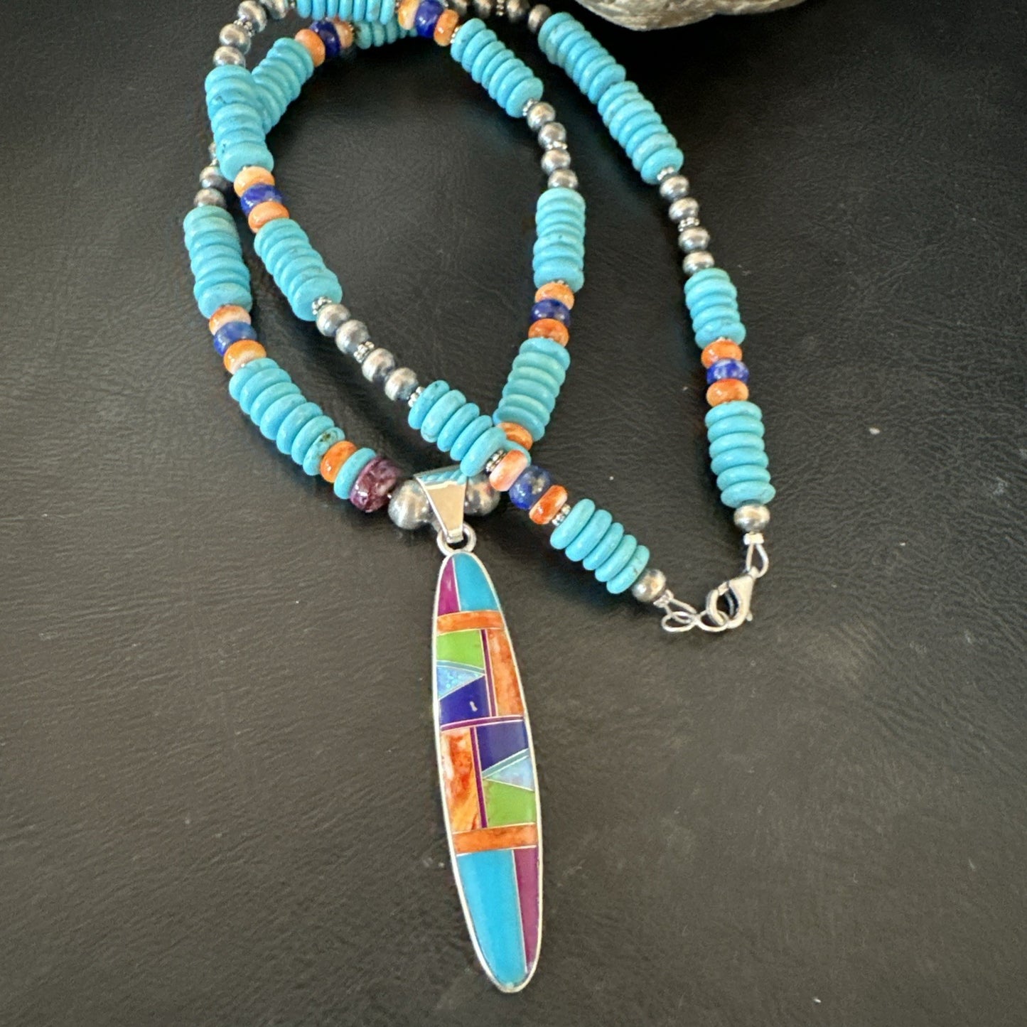 Multicolor Turquoise Spiny Navajo Sterling Silver Inlay Pendant Necklace 19644