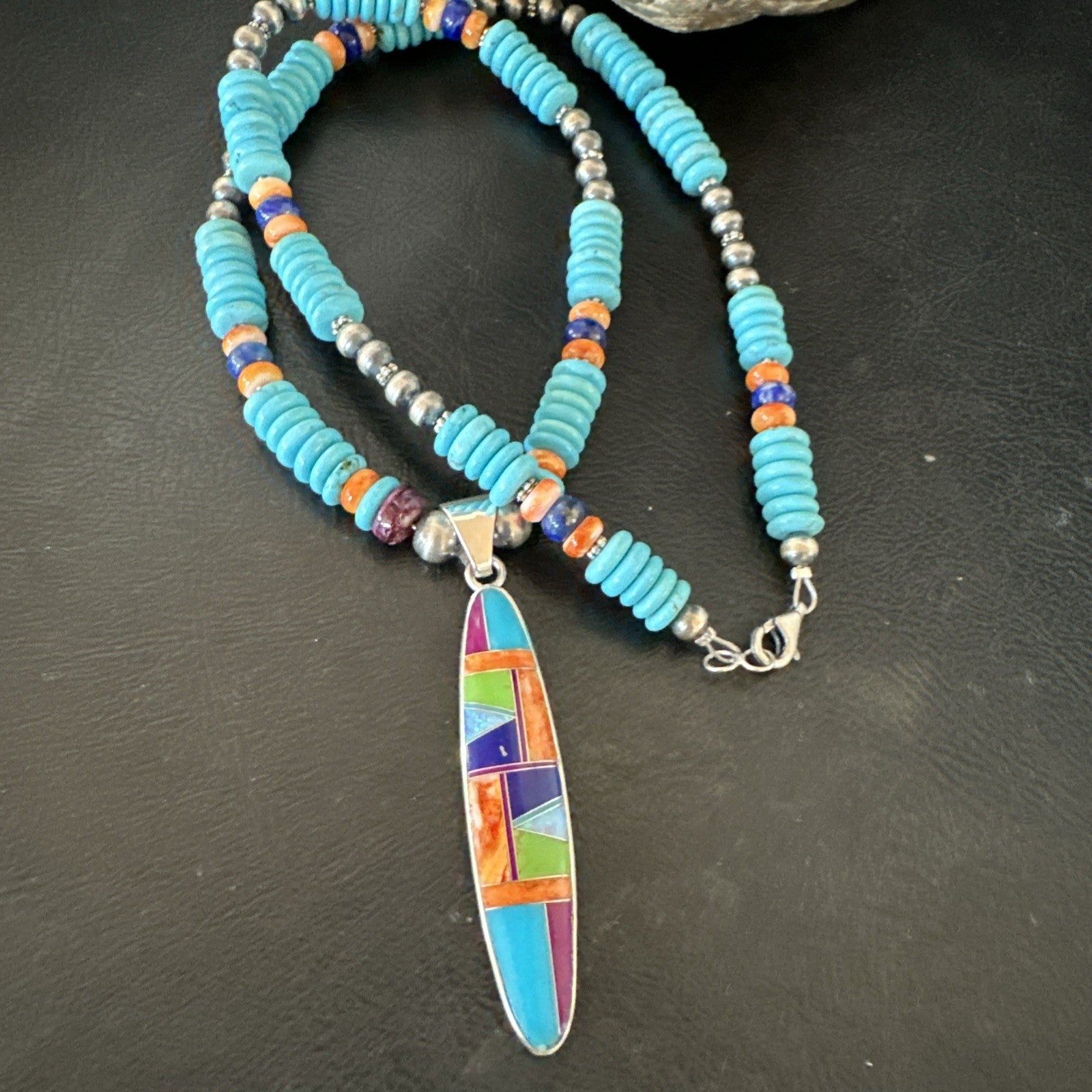 Multicolor Turquoise Spiny Navajo Sterling Silver Inlay Pendant Necklace 19644