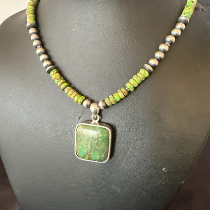 Womens Green Gaspeite Turquoise Pendant Navajo Sterling Silver Necklace 18368