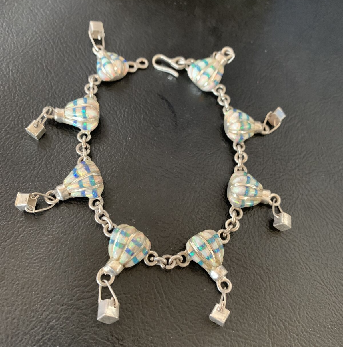 White Blue Opal Balloon Navajo Sterling Silver Link Inlay Bracelet 7.5" 12922