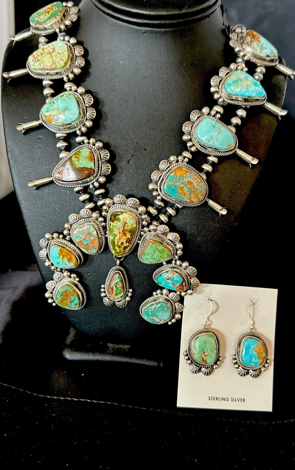 Royston Turquoise Navajo Squash Sterling Silver Naja Necklace Earrings 18229