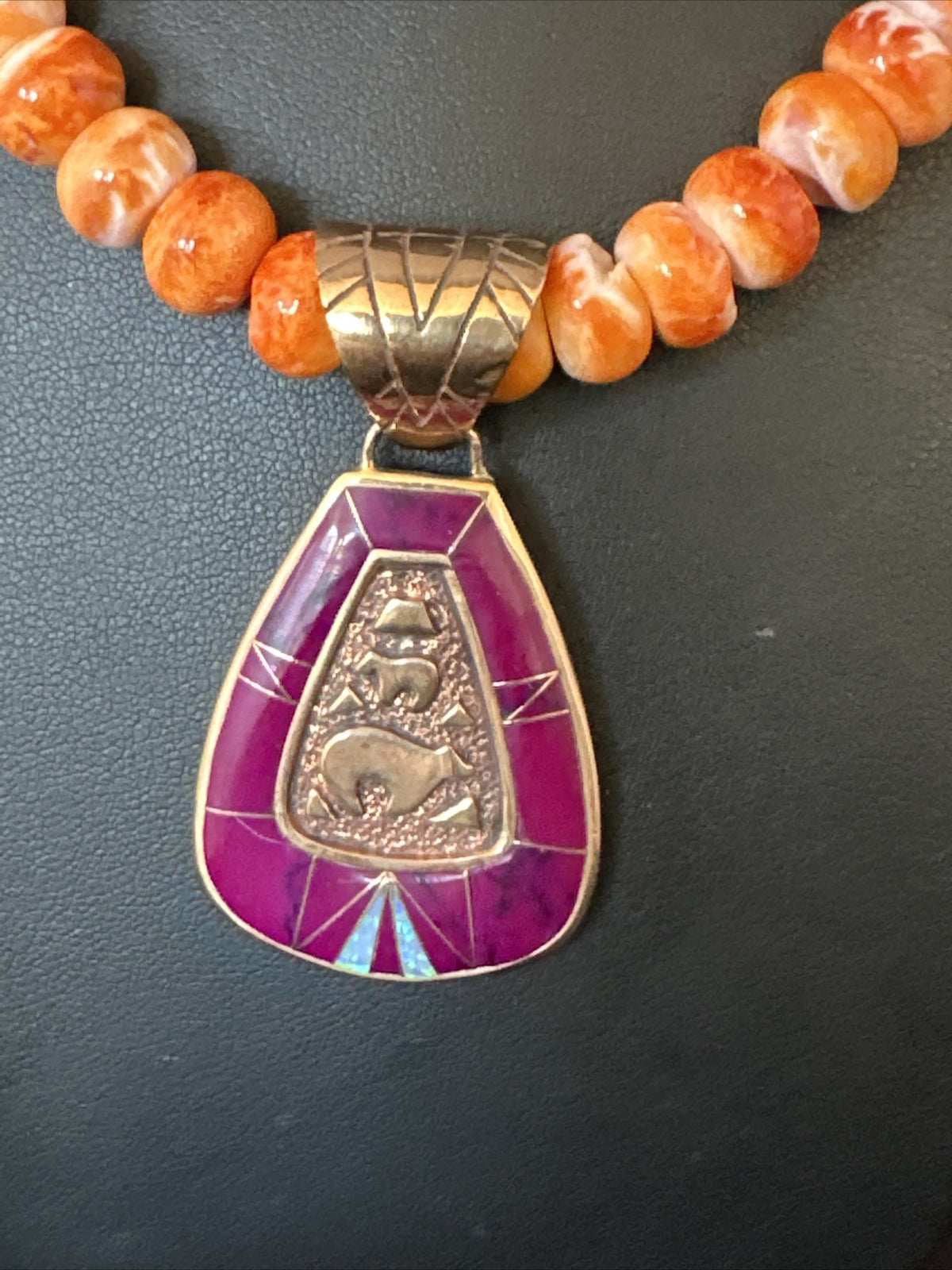 Turquoise Purple Ston Spiny Bronze Pendant Navajo Sterling Silver Necklace 14990