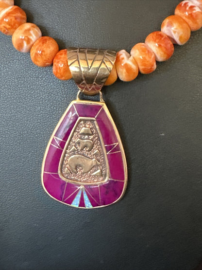 Turquoise Purple Ston Spiny Bronze Pendant Navajo Sterling Silver Necklace 14990