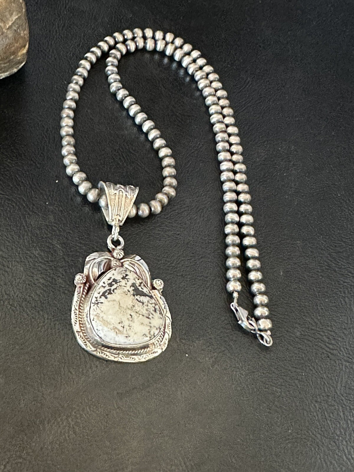 Mens White Buffalo Turquoise Pendant Sterling Silver Beads Necklace 18311