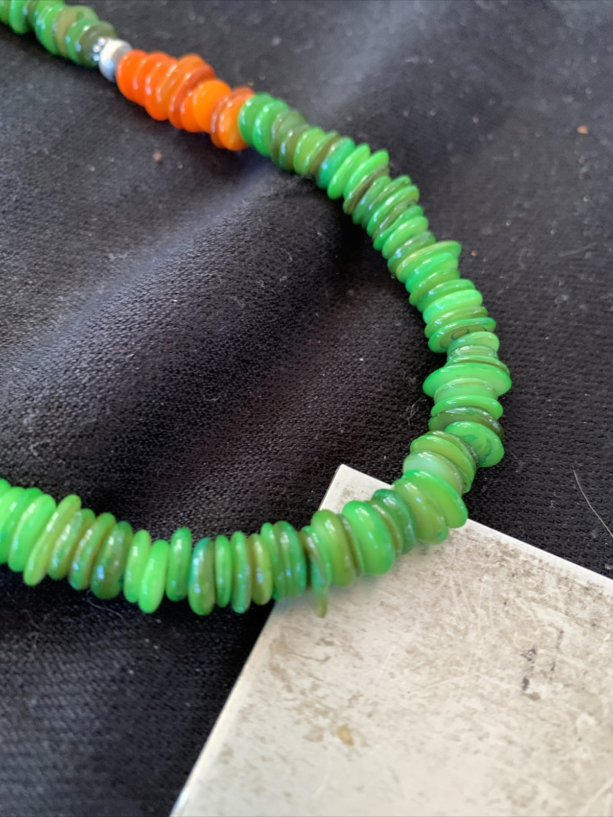 Orange Green Mother of Pearls Navajo Sterling Silver Beads Necklace 01054
