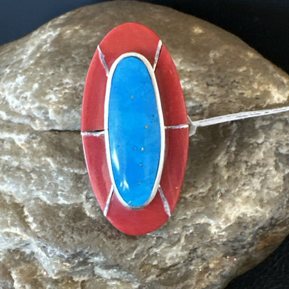 Blue Turquoise Coral Navajo Sterling Silver Ring Size 7.5 18766