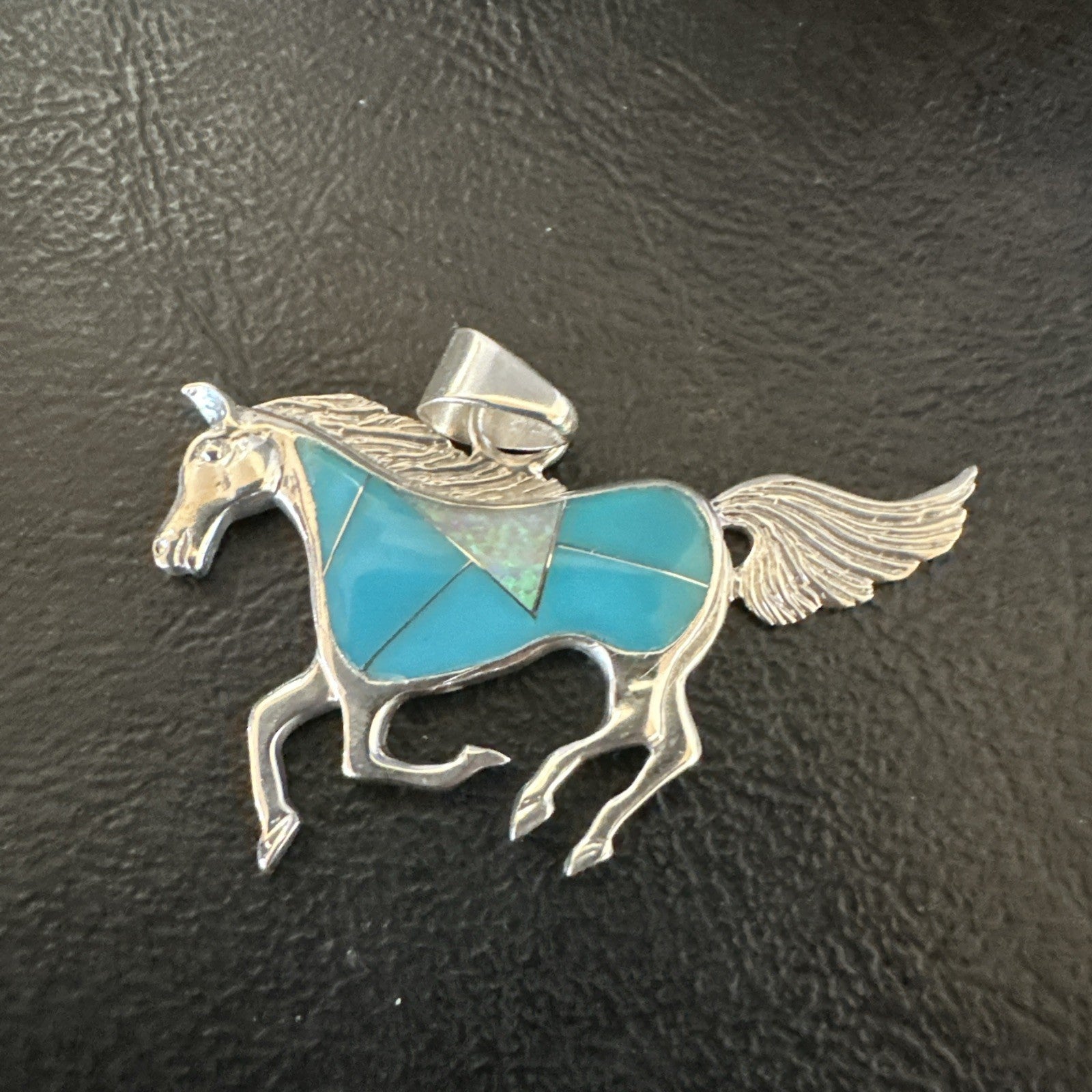 Horse Inlay Southwestern Cowboy Blue Turquoise Sterling Silver Pendant 2” 19160