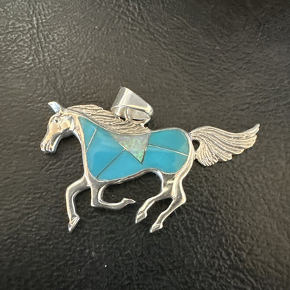 Horse Inlay Southwestern Cowboy Blue Turquoise Sterling Silver Pendant 2” 19160