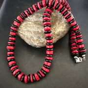 Men's Women's Red Coral Black Onyx Navajo Necklace 10mm | Sterling Silver | Authentic Native American Handmade | 17869