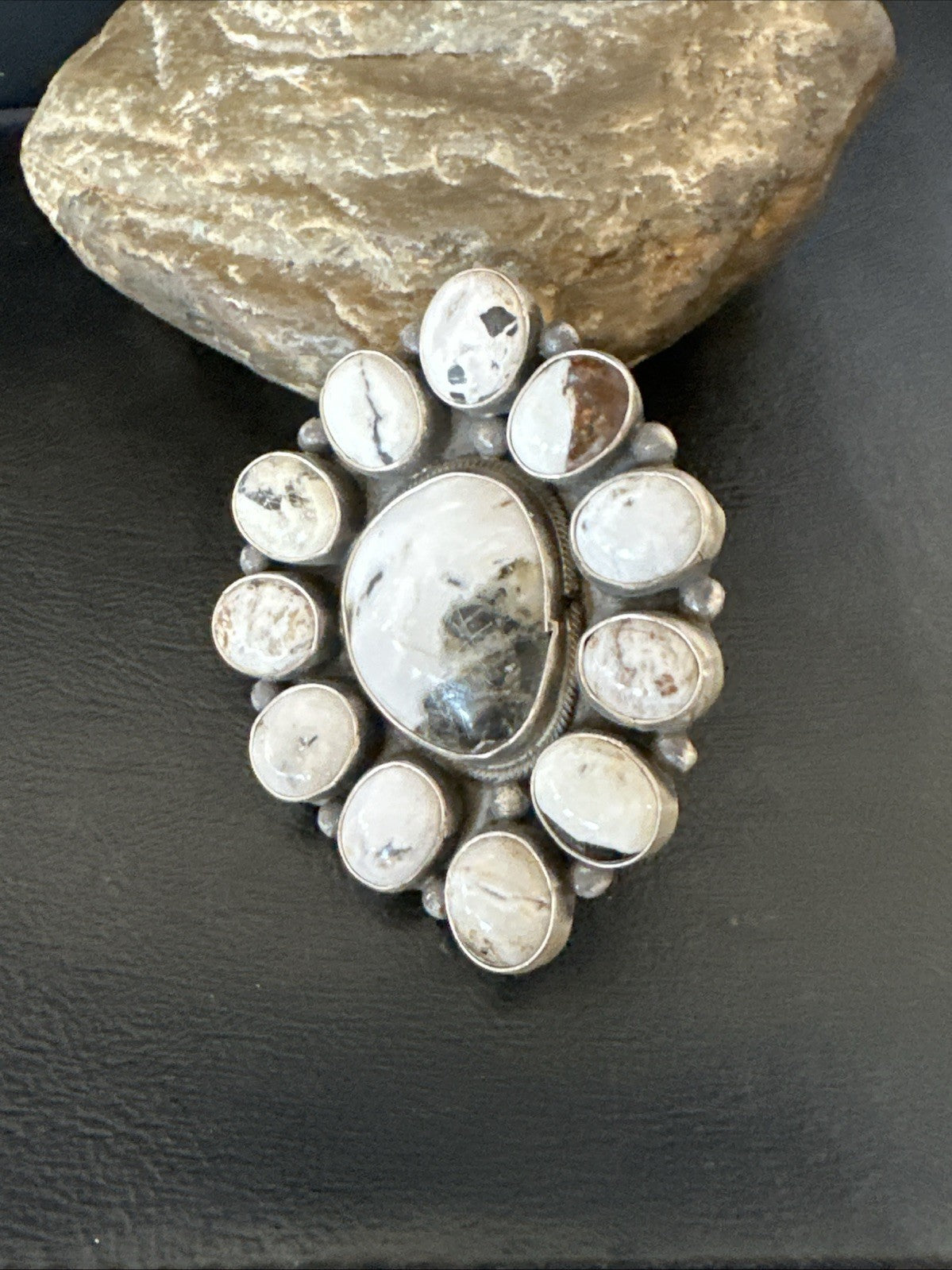 XXL White Buffalo Turquoise Navajo Sterling Silver Cluster Ring Size 8 19275