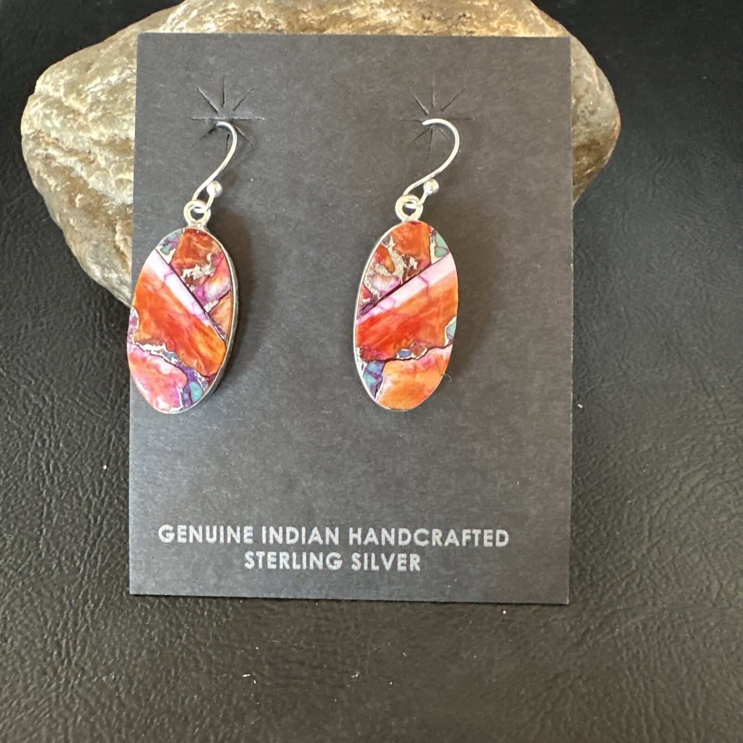 Blue Turquoise Red Spiny Oyster Inlay Sterling Silver Dangle Earrings 15558