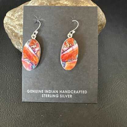 Blue Turquoise Red Spiny Oyster Inlay Sterling Silver Dangle Earrings 15558