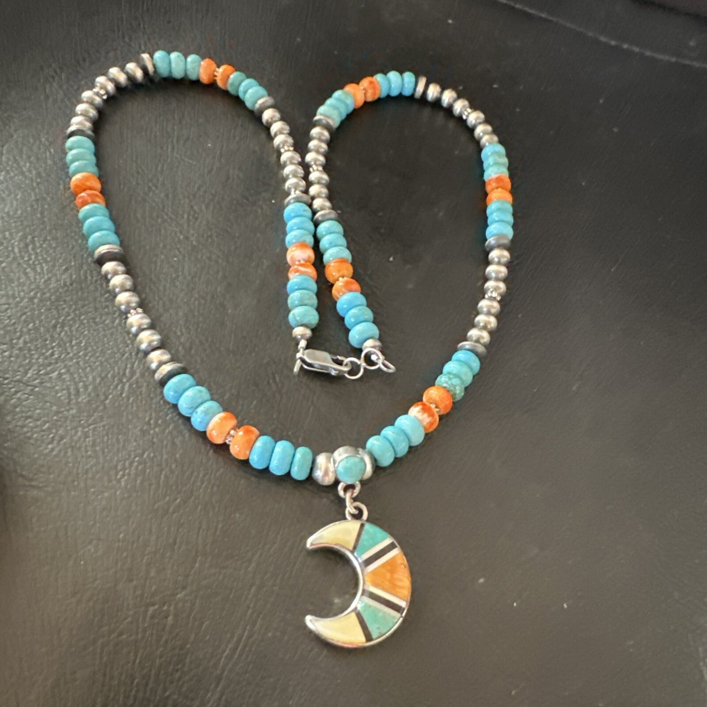 Crescent Multicolor Turquoise Pendant Navajo Sterling Silver Necklace 18731