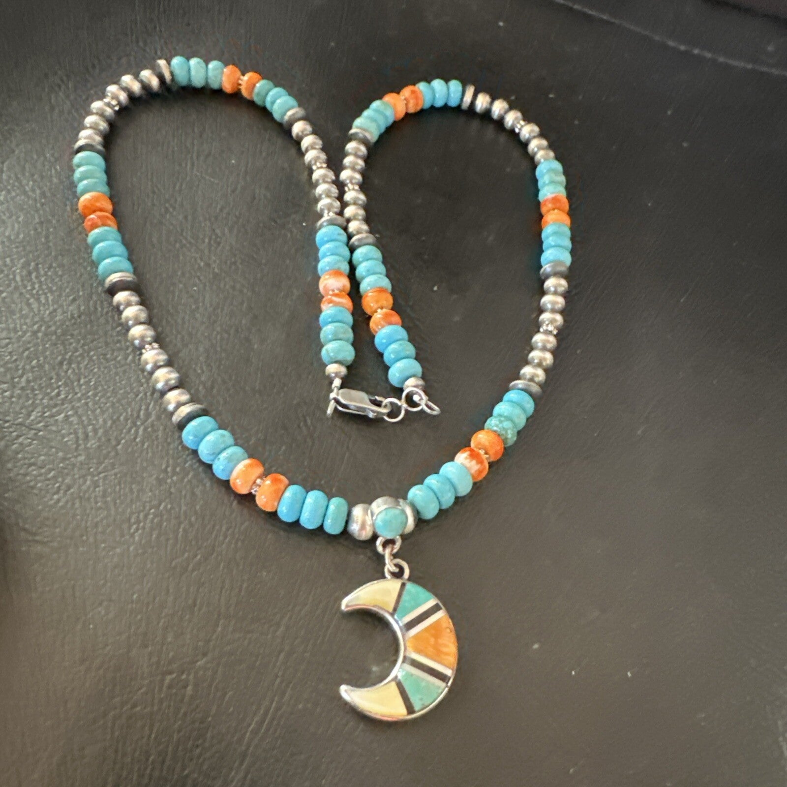 Crescent Multicolor Turquoise Pendant Navajo Sterling Silver Necklace 18731