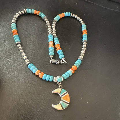 Crescent Multicolor Turquoise Pendant Navajo Sterling Silver Necklace 18731