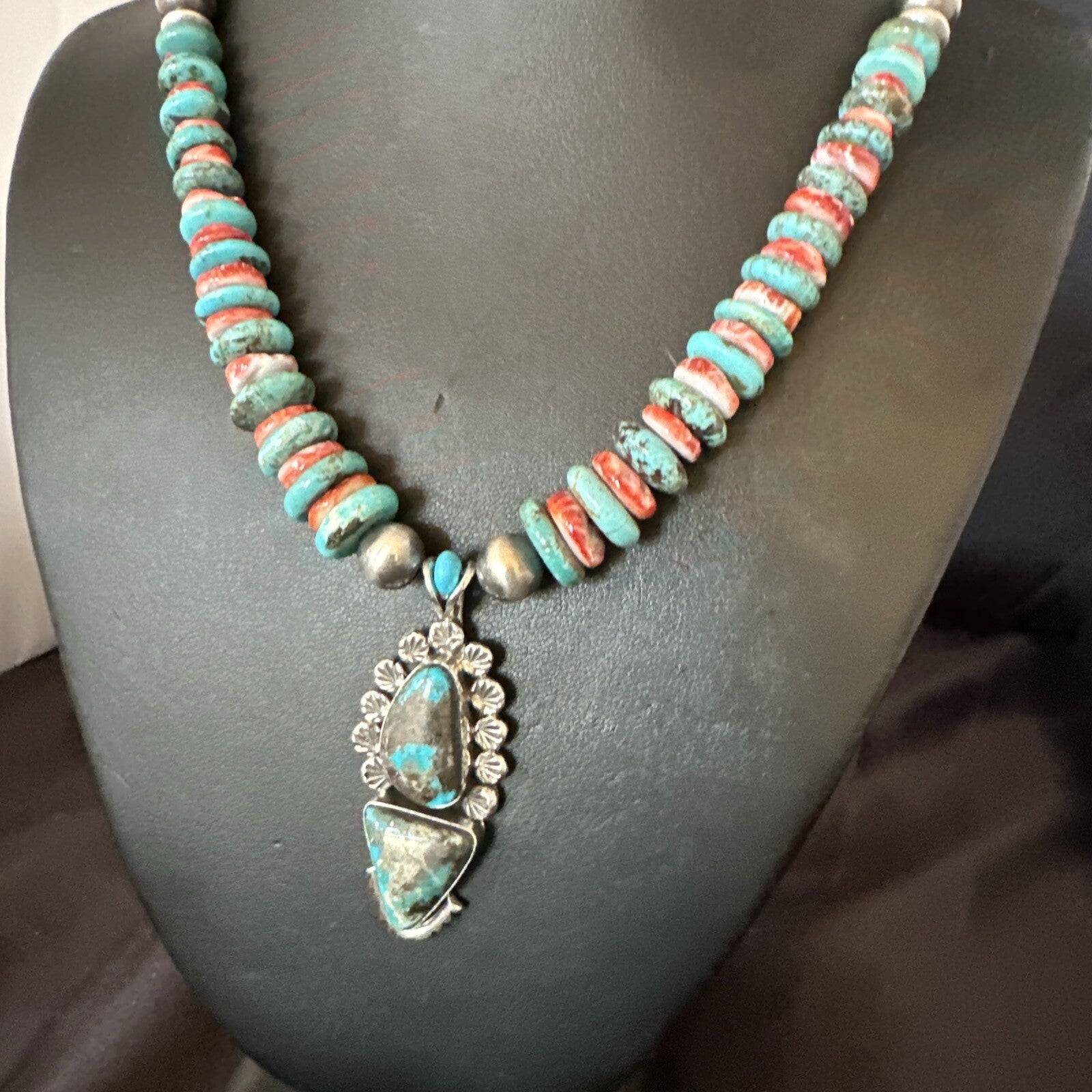 Blue Kingman Turquoise Spiny Navajo Sterling Silver Pendant Necklace 23” 17690
