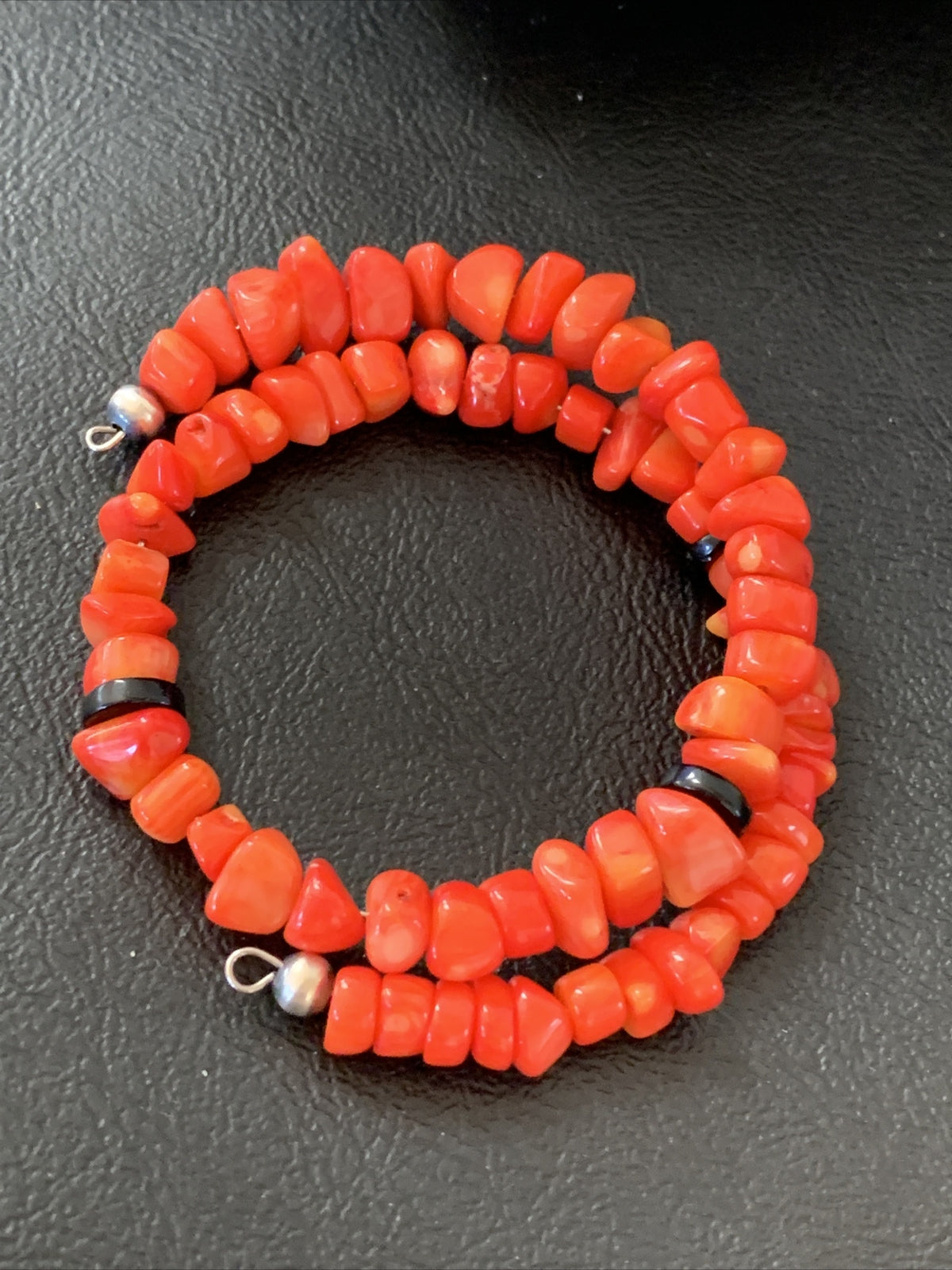 Memory wire Stainless Steel Coral Onyx Bead Bracelet Sterling Silver 01955