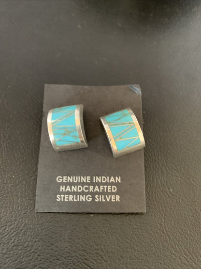 Womens Blue Turquoise Navajo Sterling Silver Stud Inlay Earrings 13107