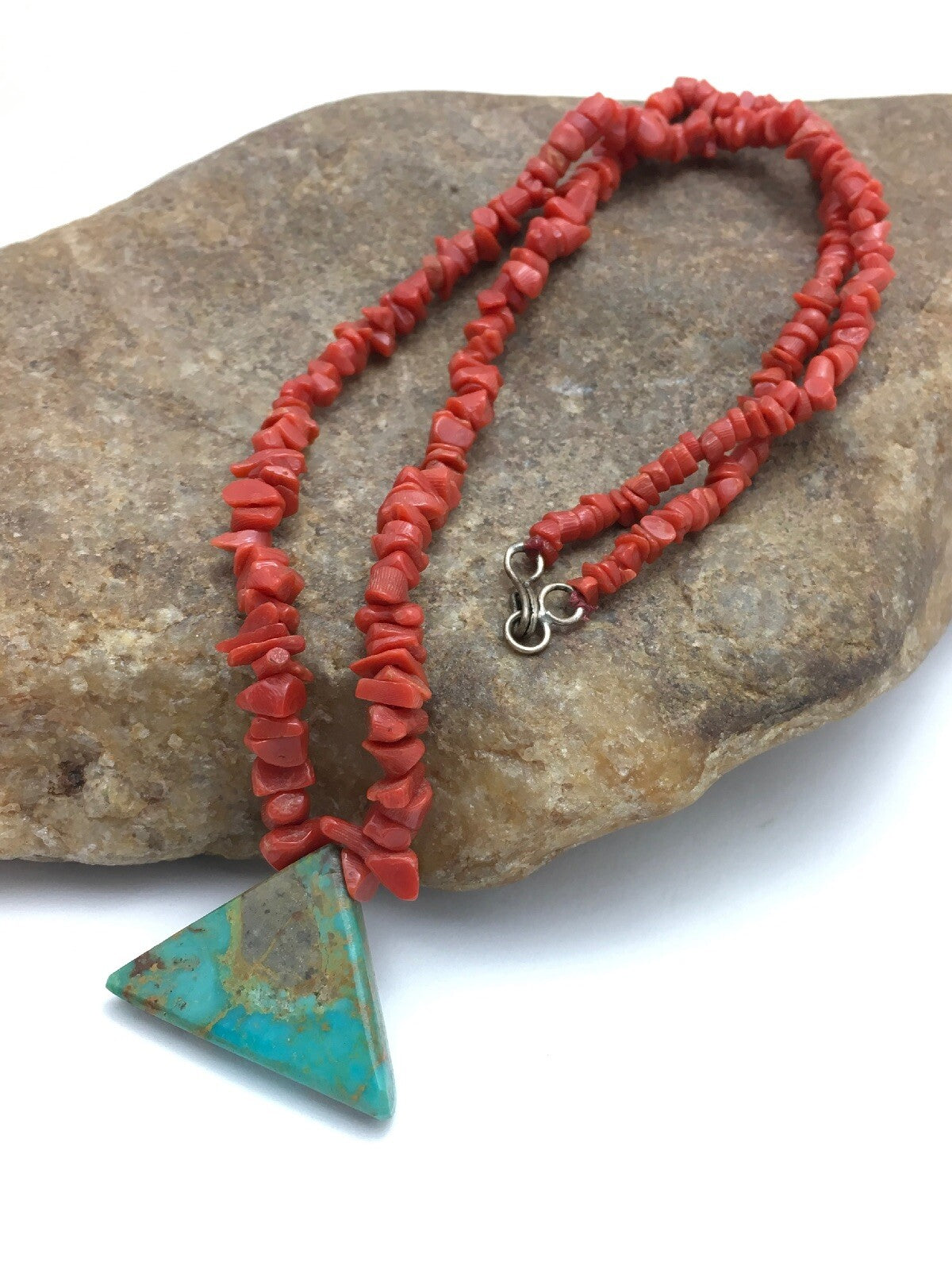 Native Kingman Turquoise Pendant Coral Brass Old Pawn Necklace 19" 04030
