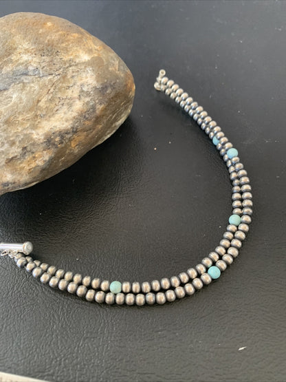 Navajo Sterling Silver Beads Blue Turquoise Bracelet 2 Strand 10083