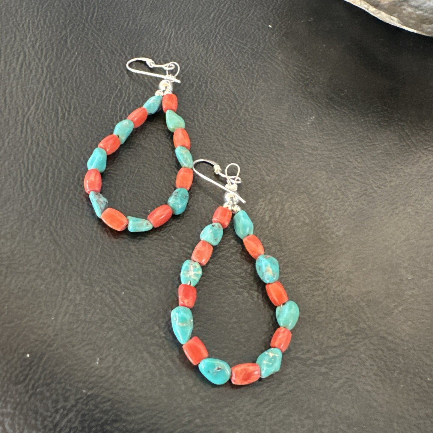 Blue Turquoise Coral Navajo Sterling Silver Earrings 2” 18834
