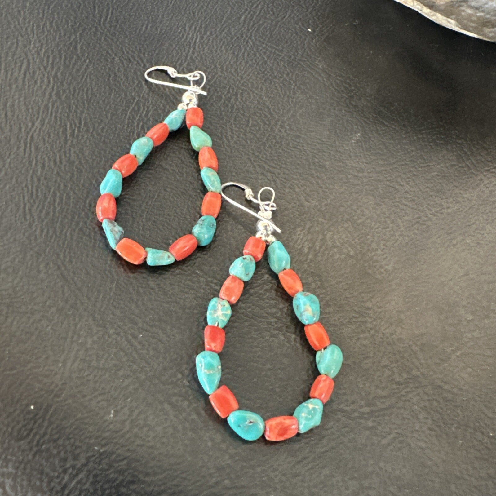 Blue Turquoise Coral Navajo Sterling Silver Earrings 2” 18834