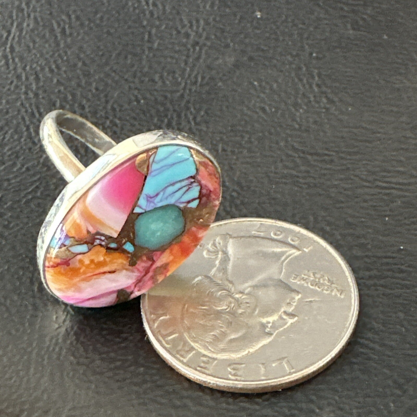 Blue Turquoise Spiny Oyster Southwestern Sterling Silver Ring Size 7 18495
