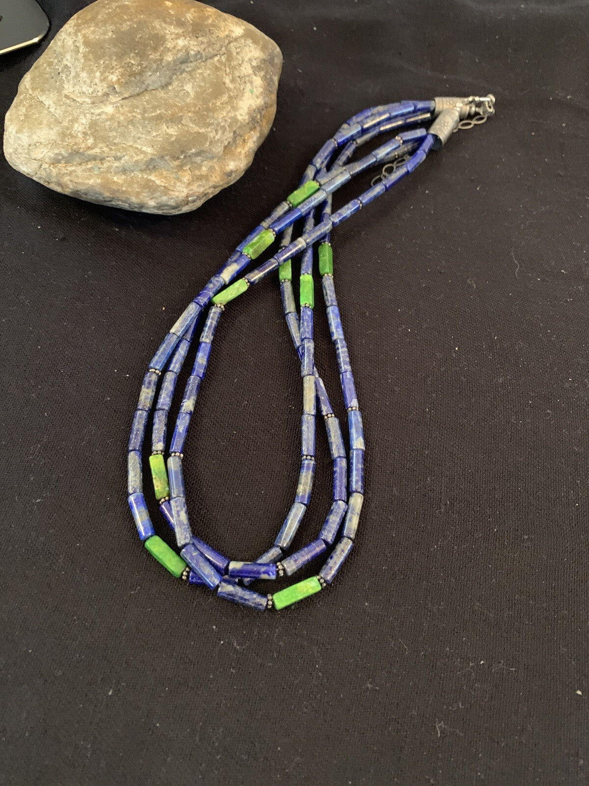 Mens Navajo Lapis Green Turquoise 3 Strands Sterling Silver 21" Necklace 8370