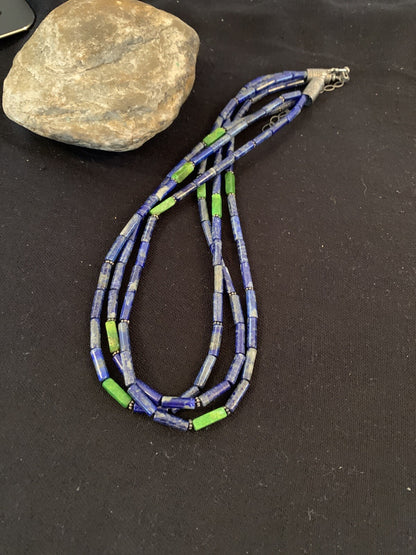 Mens Navajo Lapis Green Turquoise 3 Strands Sterling Silver 21" Necklace 8370
